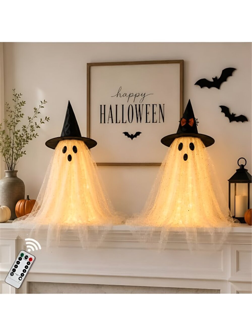 2pcs Halloween Decorations Indoor,Ghost Decor with String Lights Remote